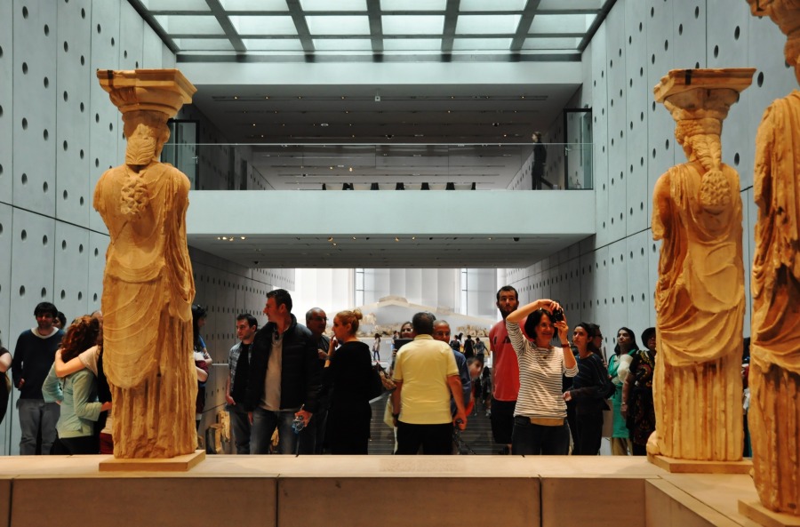 Back view of the caryatids of the Erechtheion at the new Acropolis Museum